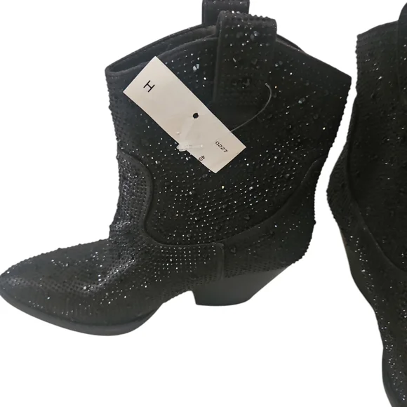 FOREVER RiverWomen Rhimestone Block Chunky Heel Black Glitter Ankle Boots Size 7 - Picture 10 of 13